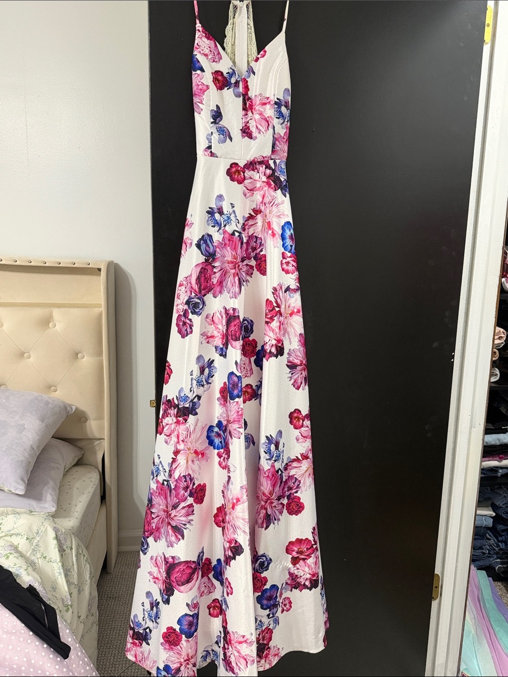 City Studio White Maxi Dress with Pink & Blue Floral Design